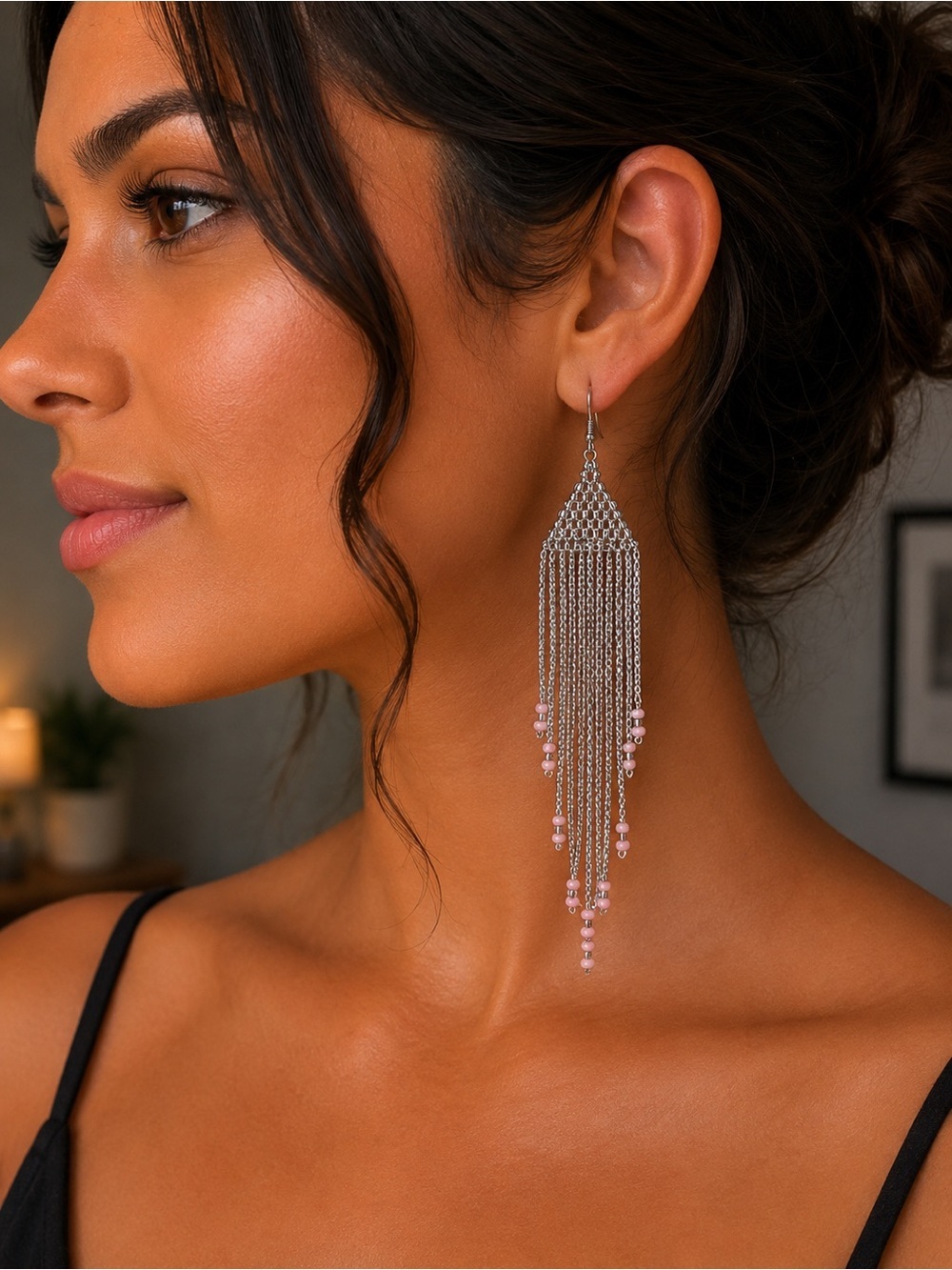 Clear Silver Beaded Fringe Earrings | Minimalist Statement Earrings